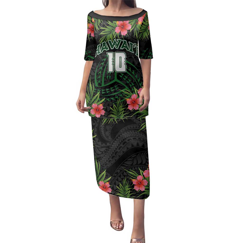 Custom Hawaii Volleyball Family Matching Puletasi and Hawaiian Shirt Kakau Abstract and Tropical Plants Black Color - Polynesian Pride