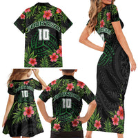 Custom Hawaii Volleyball Family Matching Short Sleeve Bodycon Dress and Hawaiian Shirt Kakau Abstract and Tropical Plants Black Color - Polynesian Pride