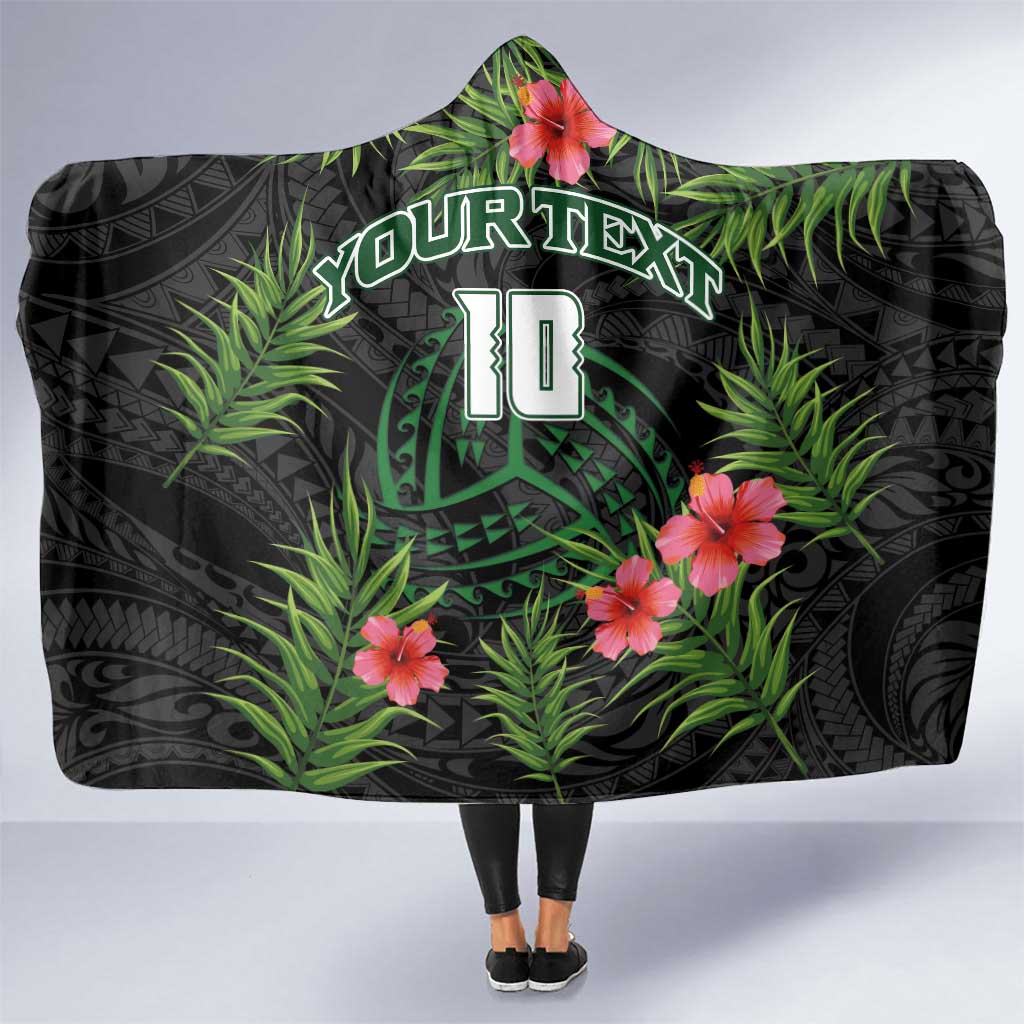 Custom Hawaii Volleyball Hooded Blanket Kakau Abstract and Tropical Plants Black Color - Polynesian Pride