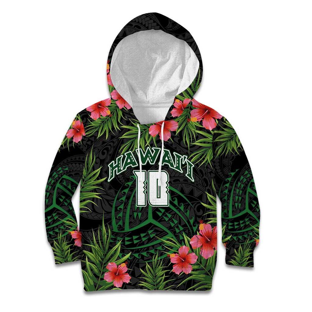 Custom Hawaii Volleyball Kid Hoodie Kakau Abstract and Tropical Plants Black Color - Polynesian Pride