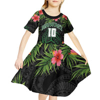 Custom Hawaii Volleyball Kid Short Sleeve Dress Kakau Abstract and Tropical Plants Black Color - Polynesian Pride