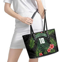 Custom Hawaii Volleyball Leather Tote Bag Kakau Abstract and Tropical Plants Black Color - Polynesian Pride