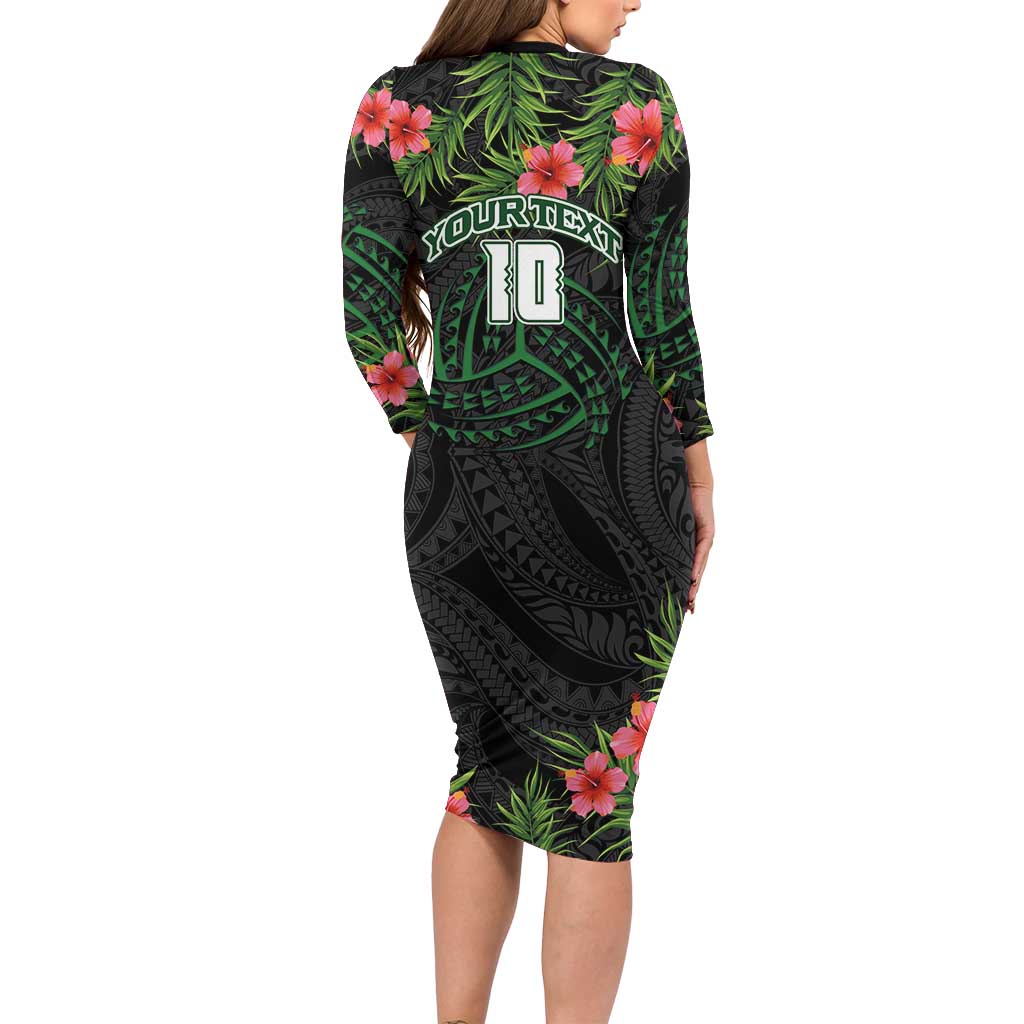 Custom Hawaii Volleyball Long Sleeve Bodycon Dress Kakau Abstract and Tropical Plants Black Color - Polynesian Pride