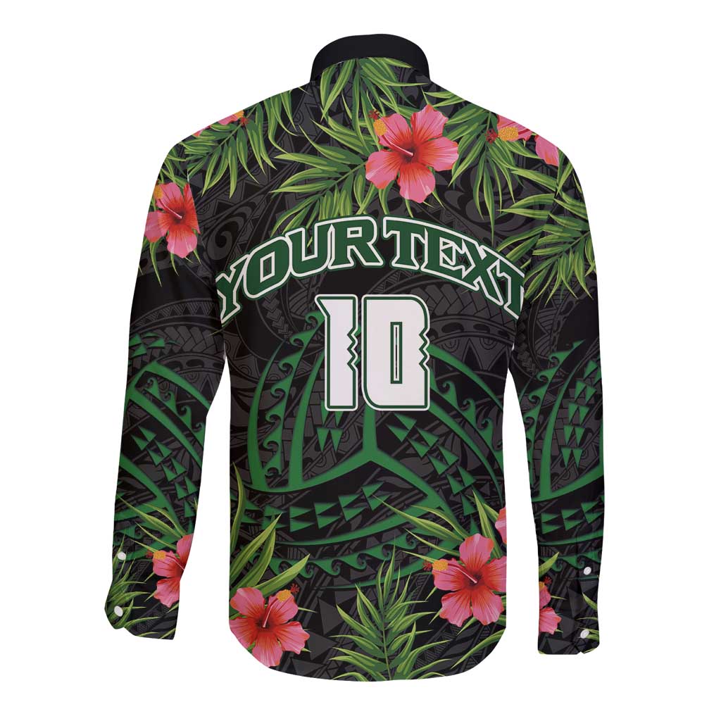 Custom Hawaii Volleyball Long Sleeve Button Shirt Kakau Abstract and Tropical Plants Black Color - Polynesian Pride