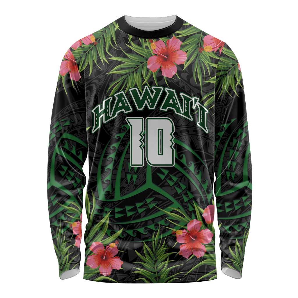 Custom Hawaii Volleyball Long Sleeve Shirt Kakau Abstract and Tropical Plants Black Color - Polynesian Pride