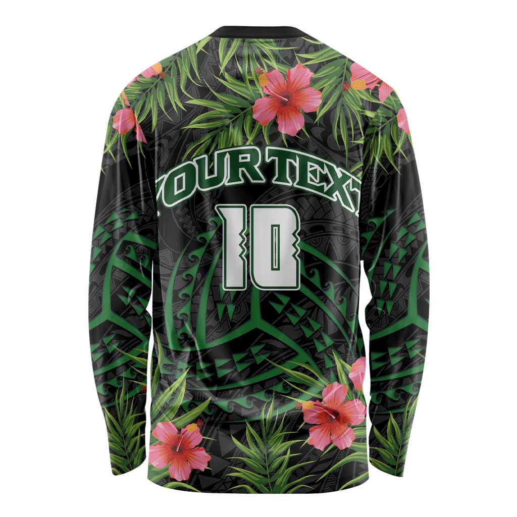 Custom Hawaii Volleyball Long Sleeve Shirt Kakau Abstract and Tropical Plants Black Color - Polynesian Pride