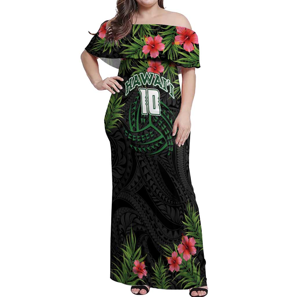 Custom Hawaii Volleyball Off Shoulder Maxi Dress Kakau Abstract and Tropical Plants Black Color - Polynesian Pride