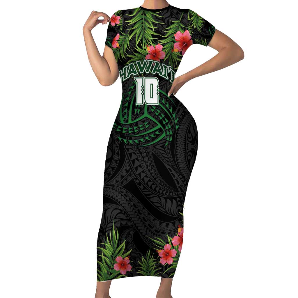 Custom Hawaii Volleyball Short Sleeve Bodycon Dress Kakau Abstract and Tropical Plants Black Color - Polynesian Pride