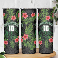 Custom Hawaii Volleyball Skinny Tumbler Kakau Abstract and Tropical Plants Black Color - Polynesian Pride