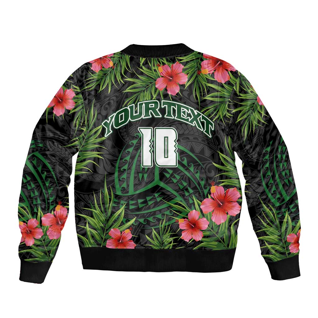 Custom Hawaii Volleyball Sleeve Zip Bomber Jacket Kakau Abstract and Tropical Plants Black Color - Polynesian Pride