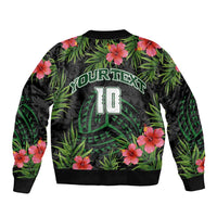 Custom Hawaii Volleyball Sleeve Zip Bomber Jacket Kakau Abstract and Tropical Plants Black Color - Polynesian Pride