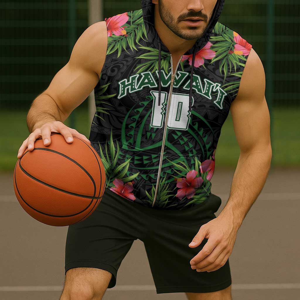 Custom Hawaii Volleyball Sleeveless Zip Hoodie Kakau Abstract and Tropical Plants Black Color - Polynesian Pride