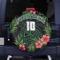 Custom Hawaii Volleyball Spare Tire Cover Kakau Abstract and Tropical Plants Black Color - Polynesian Pride