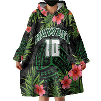 Custom Hawaii Volleyball Wearable Blanket Hoodie Kakau Abstract and Tropical Plants Black Color - Polynesian Pride