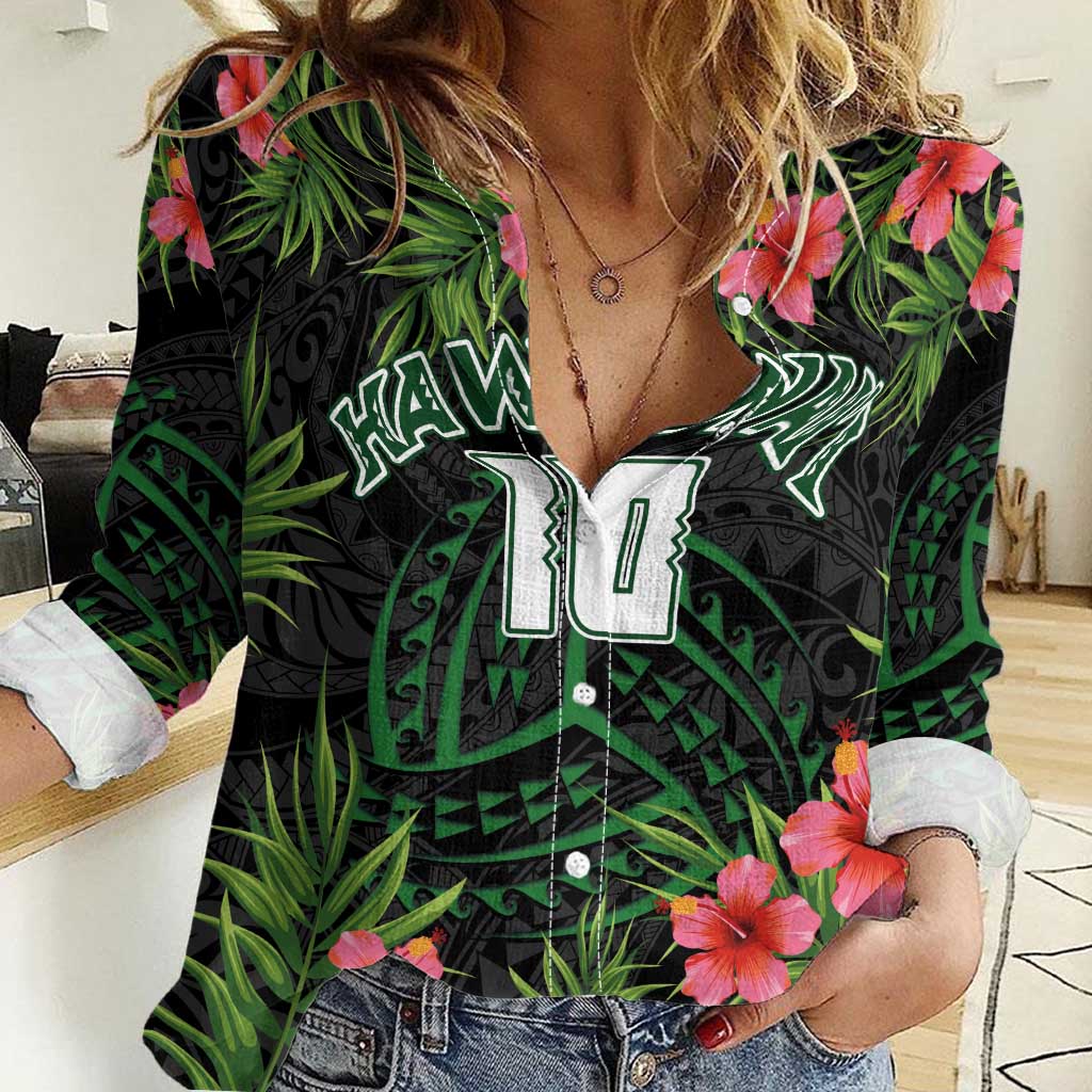Custom Hawaii Volleyball Women Casual Shirt Kakau Abstract and Tropical Plants Black Color - Polynesian Pride