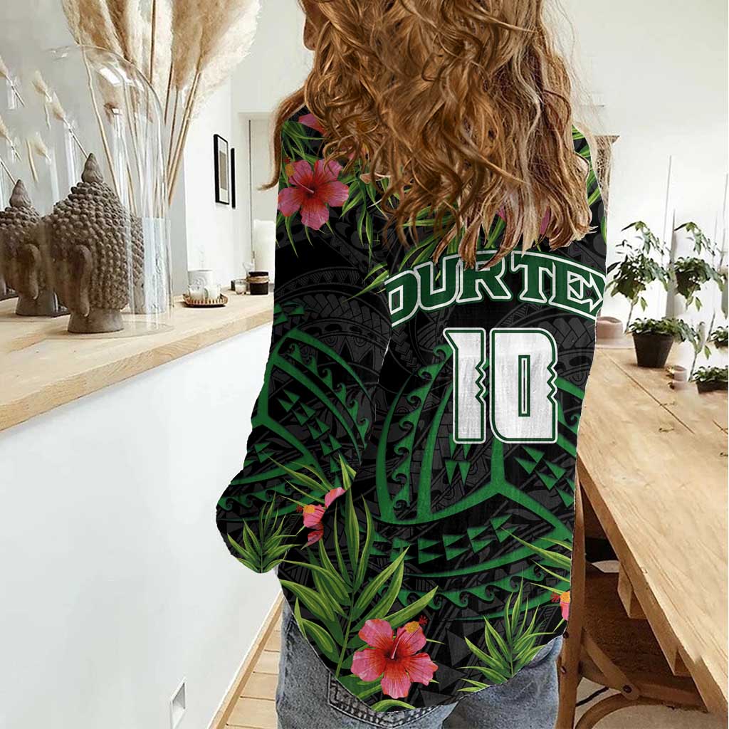 Custom Hawaii Volleyball Women Casual Shirt Kakau Abstract and Tropical Plants Black Color - Polynesian Pride