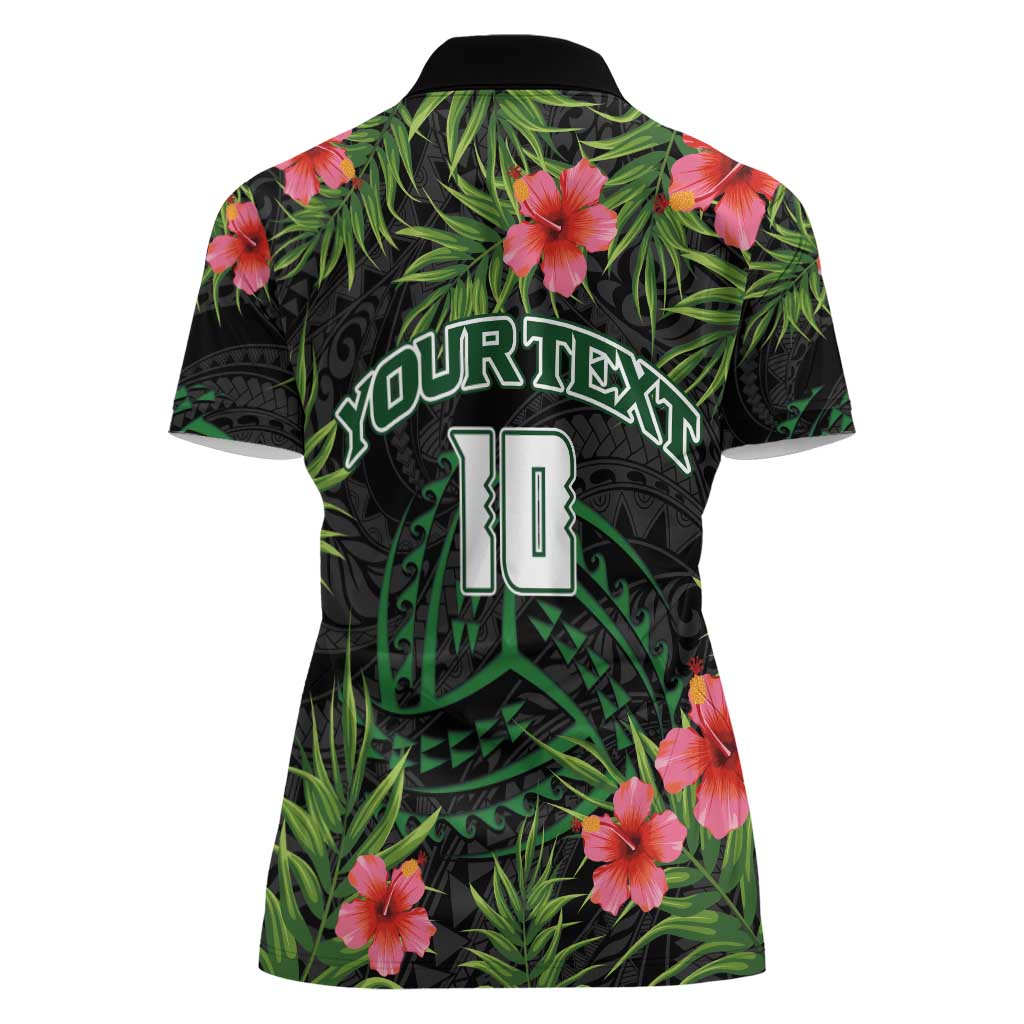 Custom Hawaii Volleyball Women Polo Shirt Kakau Abstract and Tropical Plants Black Color - Polynesian Pride