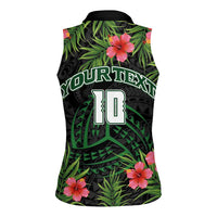 Custom Hawaii Volleyball Women Sleeveless Polo Shirt Kakau Abstract and Tropical Plants Black Color - Polynesian Pride