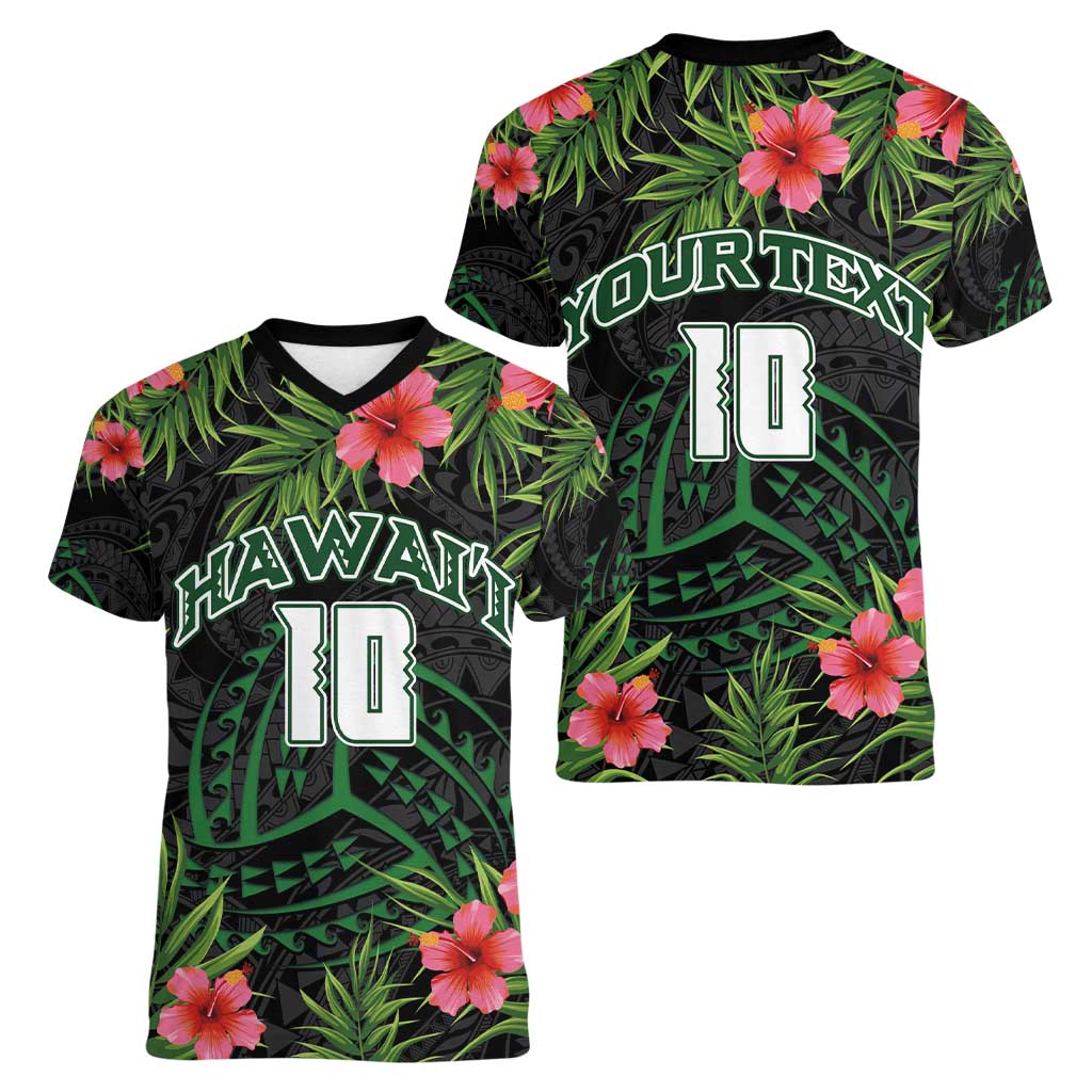 Custom Hawaii Volleyball Women V-Neck T-Shirt Kakau Abstract and Tropical Plants Black Color - Polynesian Pride