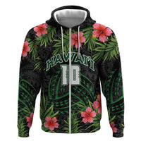 Custom Hawaii Volleyball Zip Hoodie Kakau Abstract and Tropical Plants Black Color - Polynesian Pride