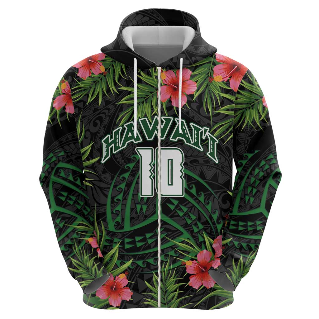 Custom Hawaii Volleyball Zip Hoodie Kakau Abstract and Tropical Plants Black Color - Polynesian Pride