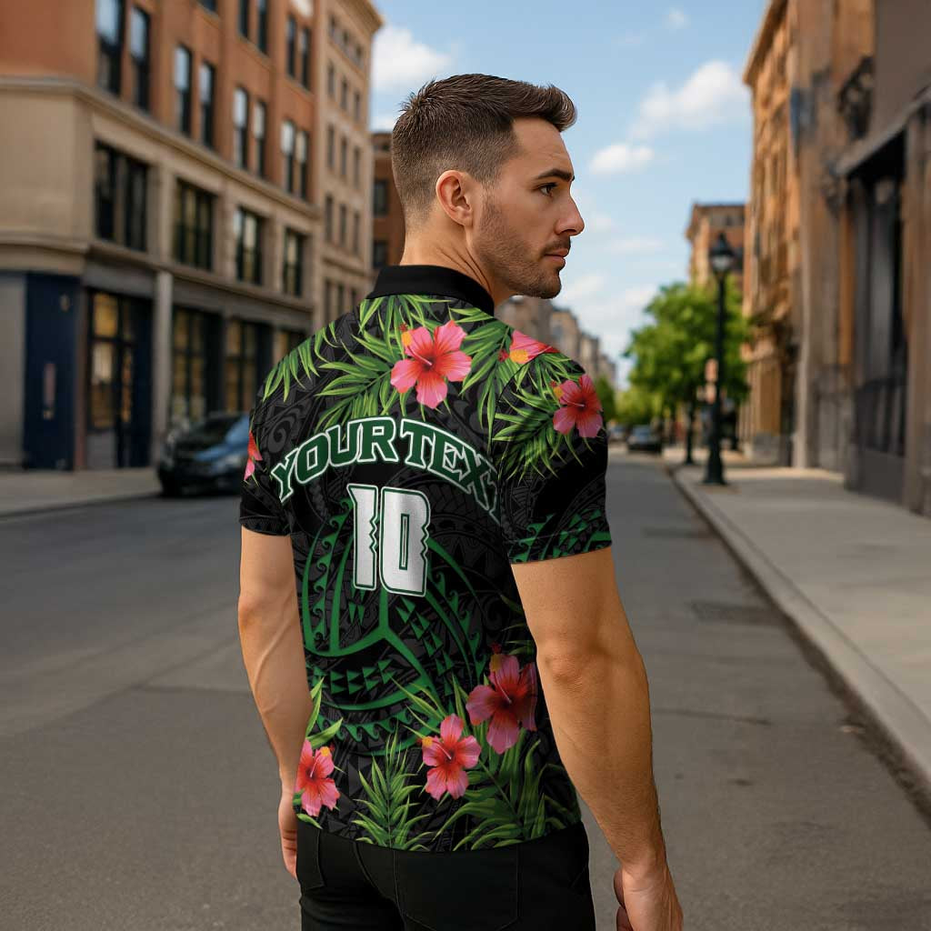 Custom Hawaii Volleyball Zipper Polo Shirt Kakau Abstract and Tropical Plants Black Color - Polynesian Pride