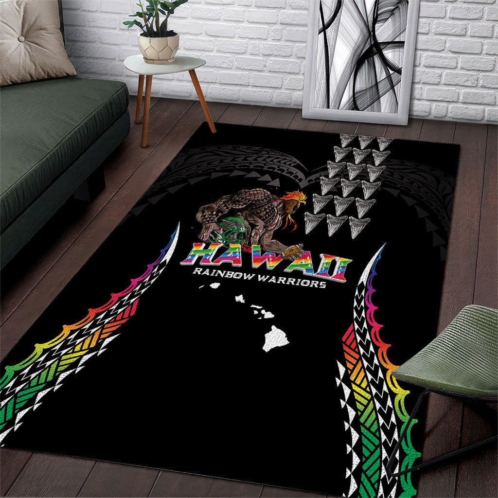 Hawaii Rainbow Warriors Area Rug Kakau Shark Tooth and Polynesian Art Tattoo LT03 Black - Polynesian Pride
