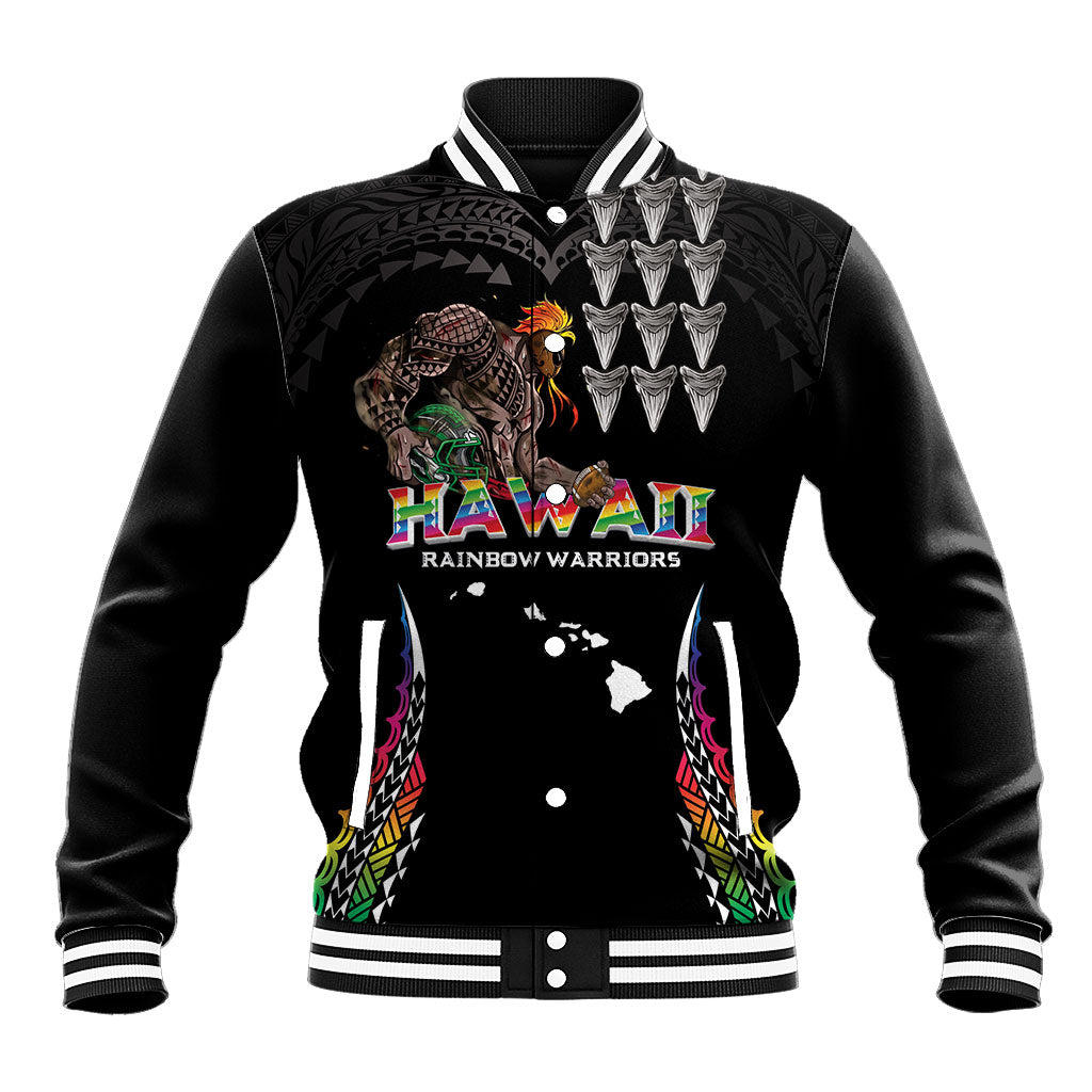 Custom Hawaii Rainbow Warriors Baseball Jacket Kakau Shark Tooth and Polynesian Art Tattoo LT03 Unisex Black - Polynesian Pride