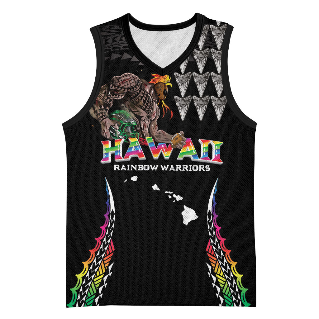 Custom Hawaii Rainbow Warriors Basketball Jersey Kakau Shark Tooth and Polynesian Art Tattoo LT03 Unisex Black - Polynesian Pride