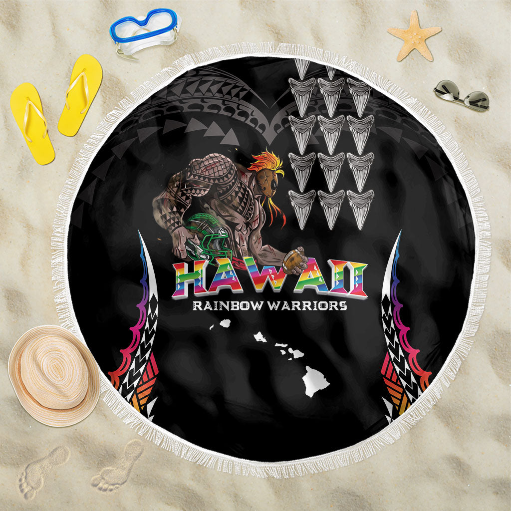 Hawaii Rainbow Warriors Beach Blanket Kakau Shark Tooth and Polynesian Art Tattoo LT03 One Size 150cm Black - Polynesian Pride