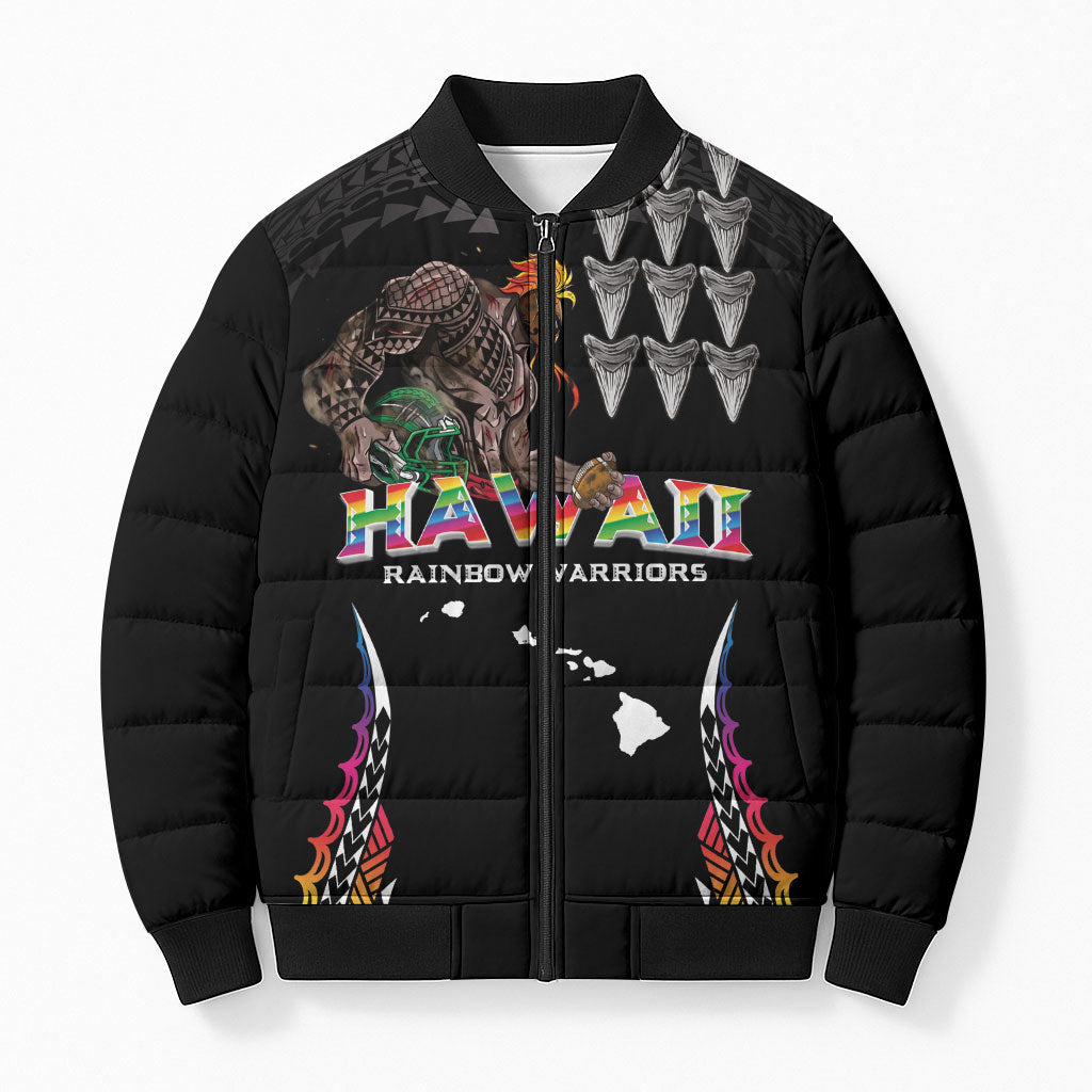 Custom Hawaii Rainbow Warriors Bomber Puffer Jacket Kakau Shark Tooth and Polynesian Art Tattoo LT03 Unisex Black - Polynesian Pride