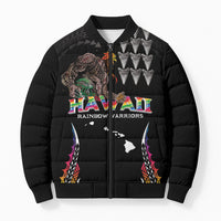 Custom Hawaii Rainbow Warriors Bomber Puffer Jacket Kakau Shark Tooth and Polynesian Art Tattoo LT03 Unisex Black - Polynesian Pride