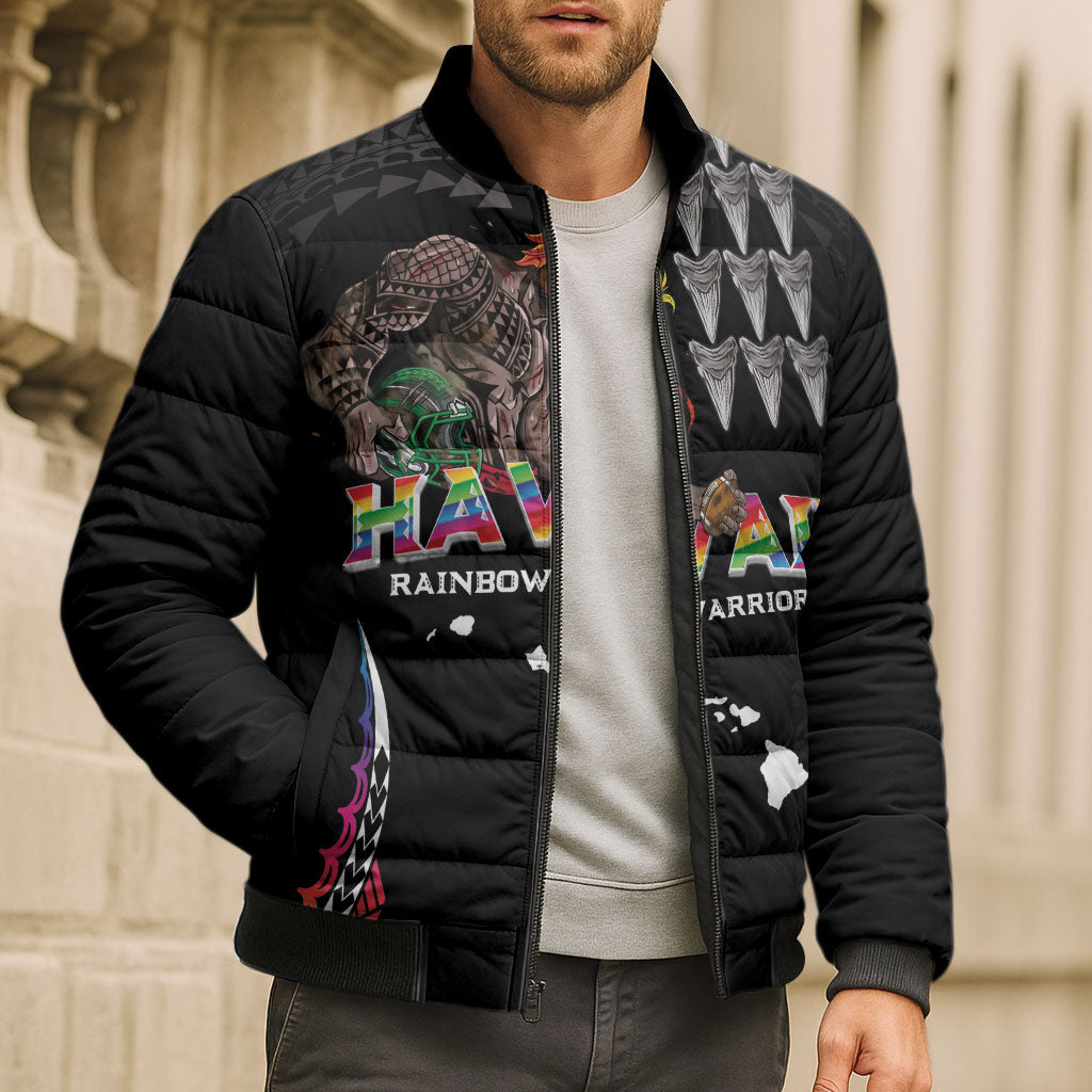 Custom Hawaii Rainbow Warriors Bomber Puffer Jacket Kakau Shark Tooth and Polynesian Art Tattoo LT03 - Polynesian Pride