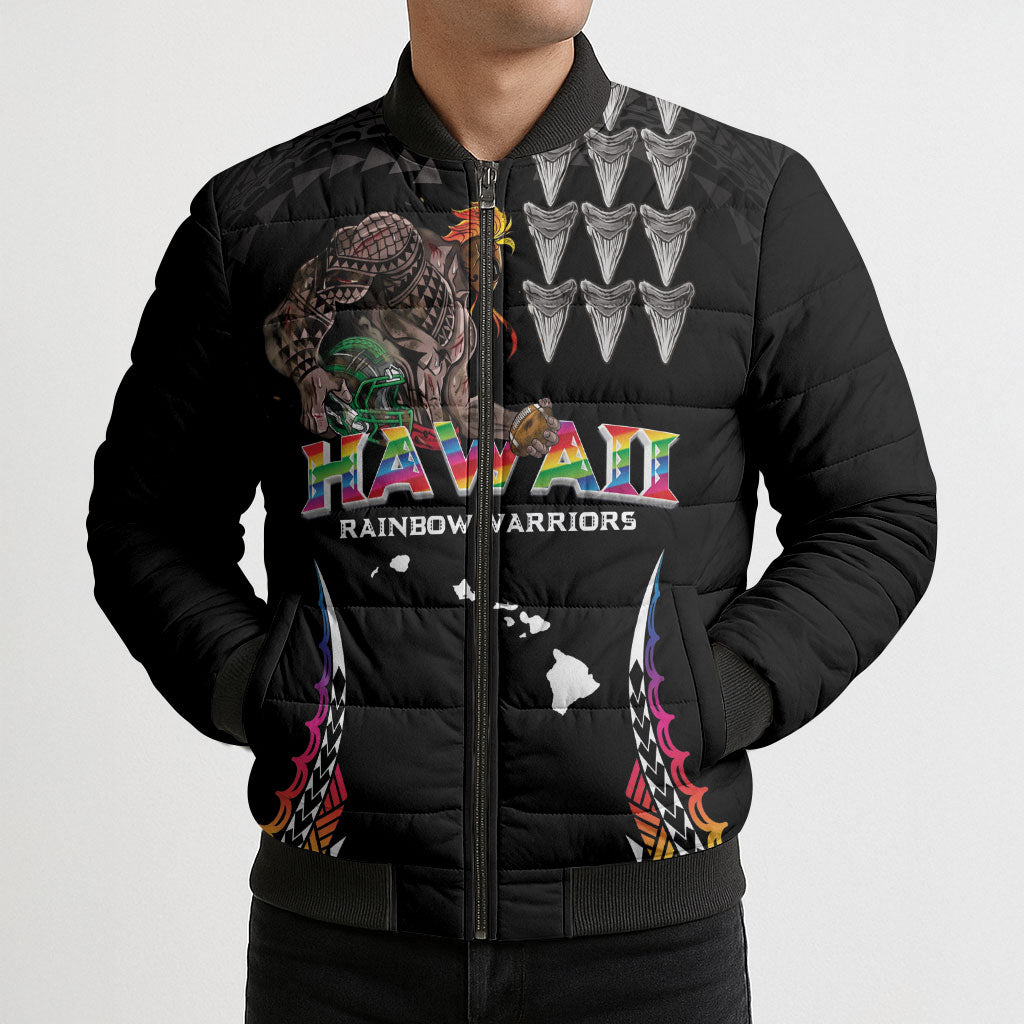 Custom Hawaii Rainbow Warriors Bomber Puffer Jacket Kakau Shark Tooth and Polynesian Art Tattoo LT03 - Polynesian Pride