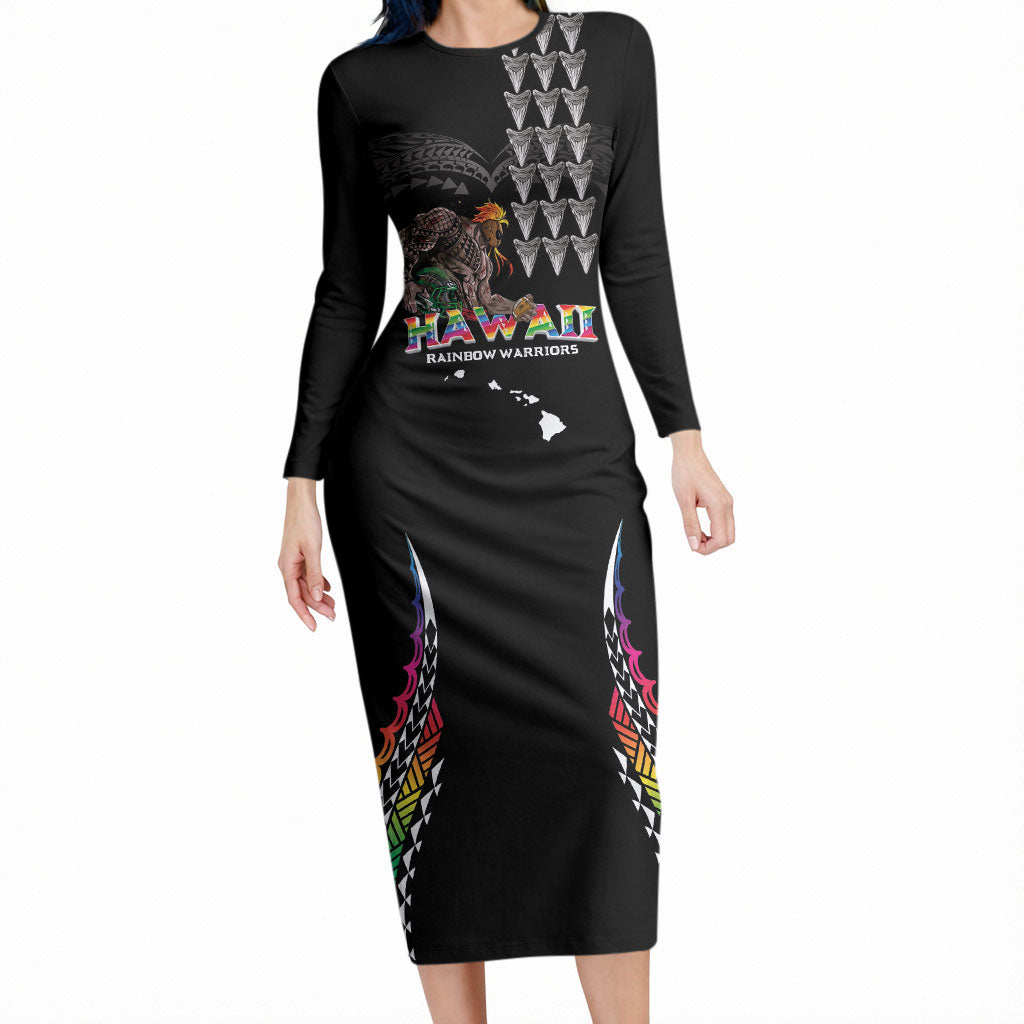 Custom Hawaii Rainbow Warriors Long Sleeve Bodycon Dress Kakau Shark Tooth and Polynesian Art Tattoo LT03 Long Dress Black - Polynesian Pride