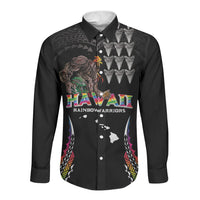 Custom Hawaii Rainbow Warriors Long Sleeve Button Shirt Kakau Shark Tooth and Polynesian Art Tattoo LT03 Unisex Black - Polynesian Pride