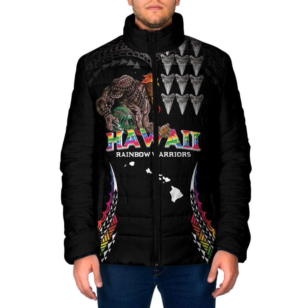 Custom Hawaii Rainbow Warriors Padded Jacket Kakau Shark Tooth and Polynesian Art Tattoo LT03 Men Black - Polynesian Pride