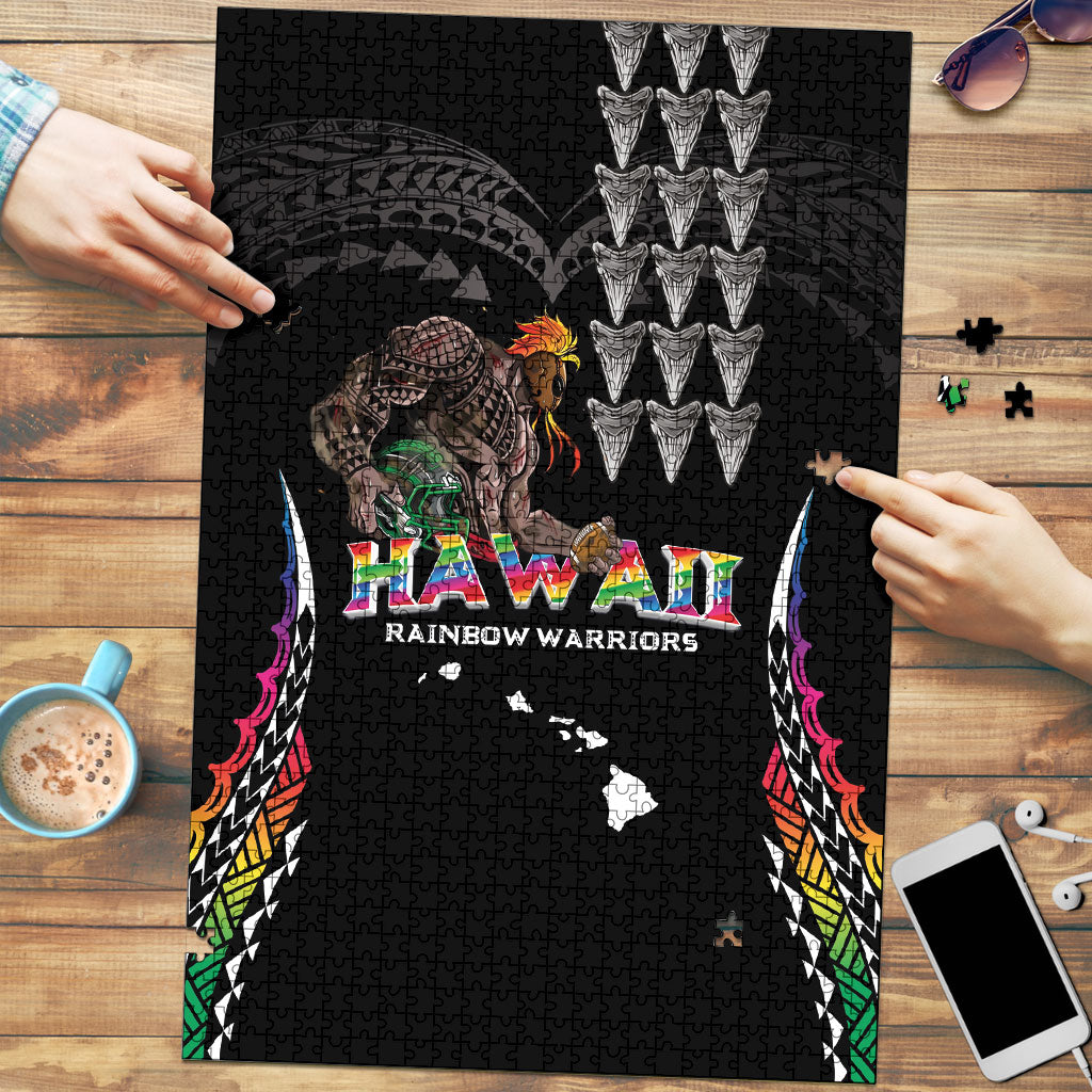 Hawaii Rainbow Warriors Puzzle Kakau Shark Tooth and Polynesian Art Tattoo LT03 Black - Polynesian Pride