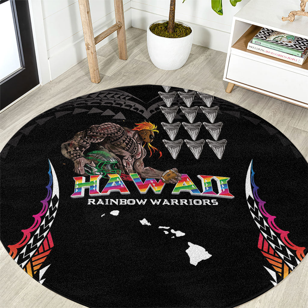 Hawaii Rainbow Warriors Round Carpet Kakau Shark Tooth and Polynesian Art Tattoo LT03 Black - Polynesian Pride