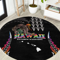 Hawaii Rainbow Warriors Round Carpet Kakau Shark Tooth and Polynesian Art Tattoo LT03 Black - Polynesian Pride