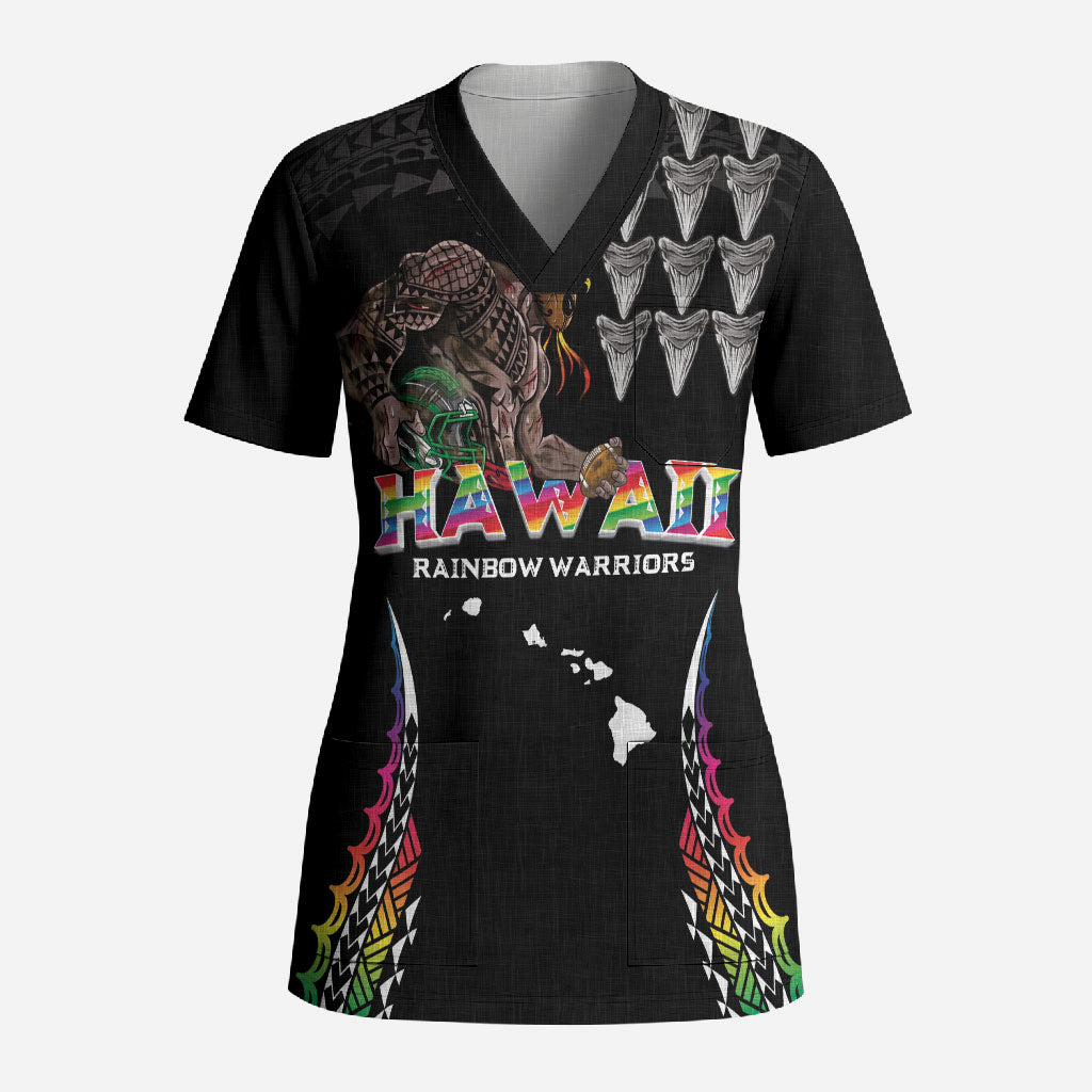 Custom Hawaii Rainbow Warriors Scrub Top Kakau Shark Tooth and Polynesian Art Tattoo LT03 Adult Black - Polynesian Pride
