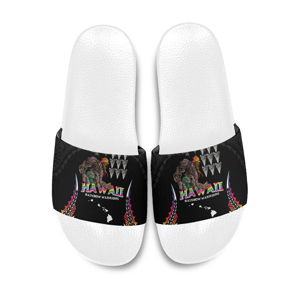Hawaii Rainbow Warriors Slide Sandals Kakau Shark Tooth and Polynesian Art Tattoo LT03 Black - Polynesian Pride