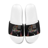 Hawaii Rainbow Warriors Slide Sandals Kakau Shark Tooth and Polynesian Art Tattoo LT03 Black - Polynesian Pride