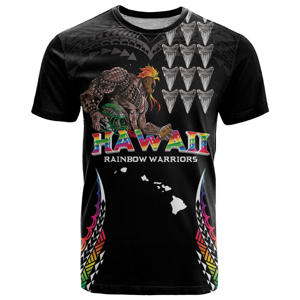 Custom Hawaii Rainbow Warriors T Shirt Kakau Shark Tooth and Polynesian Art Tattoo LT03 Black - Polynesian Pride