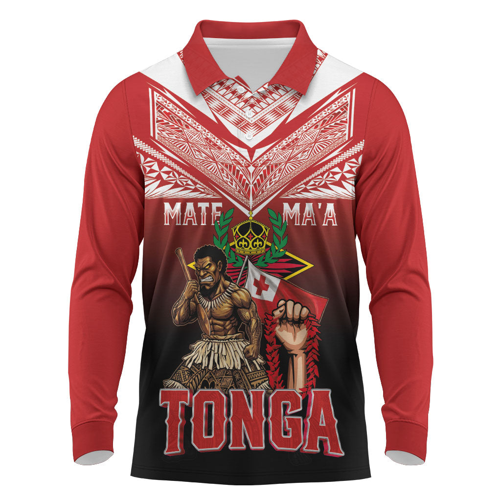 Mate Ma'a Tonga Long Sleeve Polo Shirt Traditional Warrior and Ngatu Art Pattern LT03 Red - Polynesian Pride