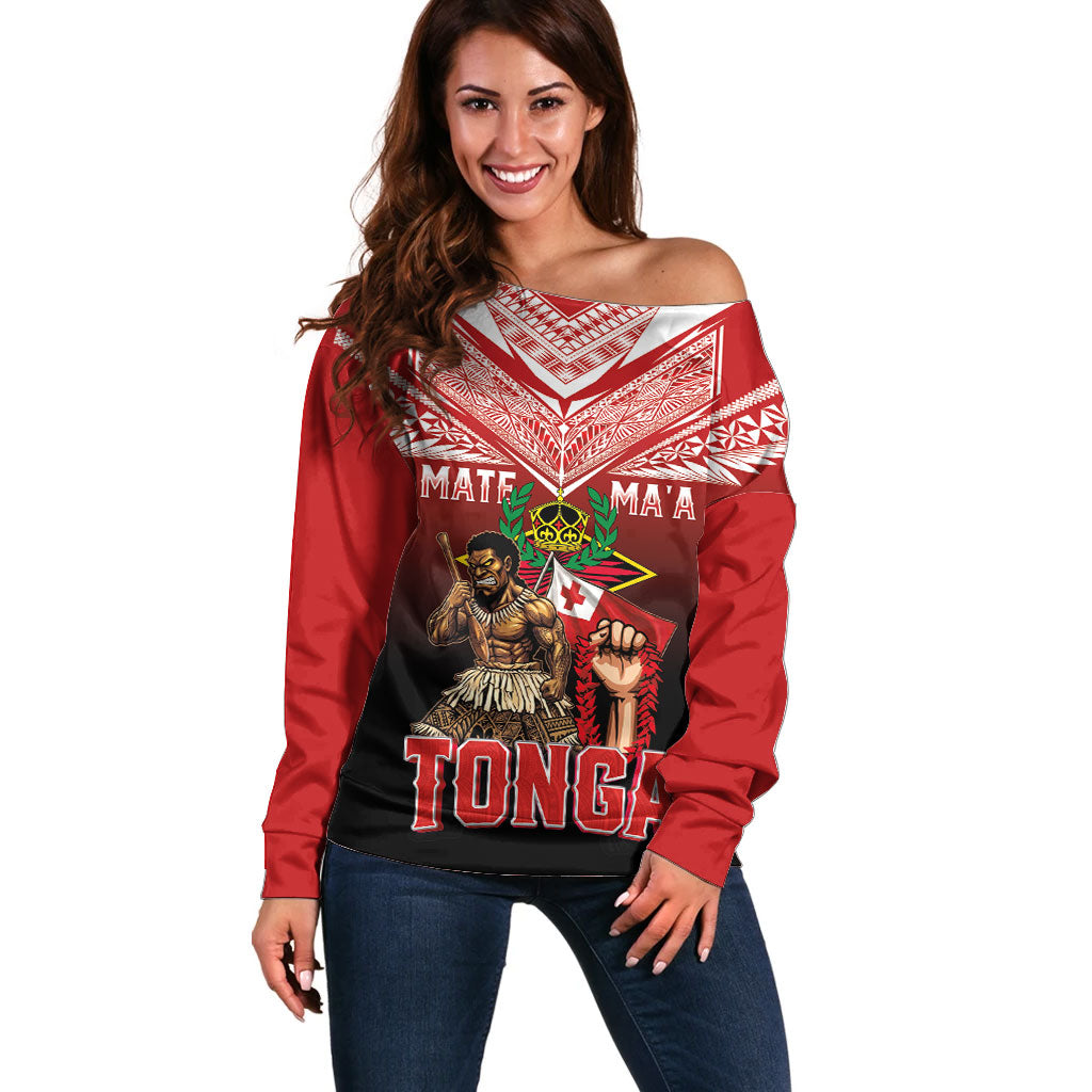 Mate Ma'a Tonga Off Shoulder Sweater Traditional Warrior and Ngatu Art Pattern LT03 Women Red - Polynesian Pride