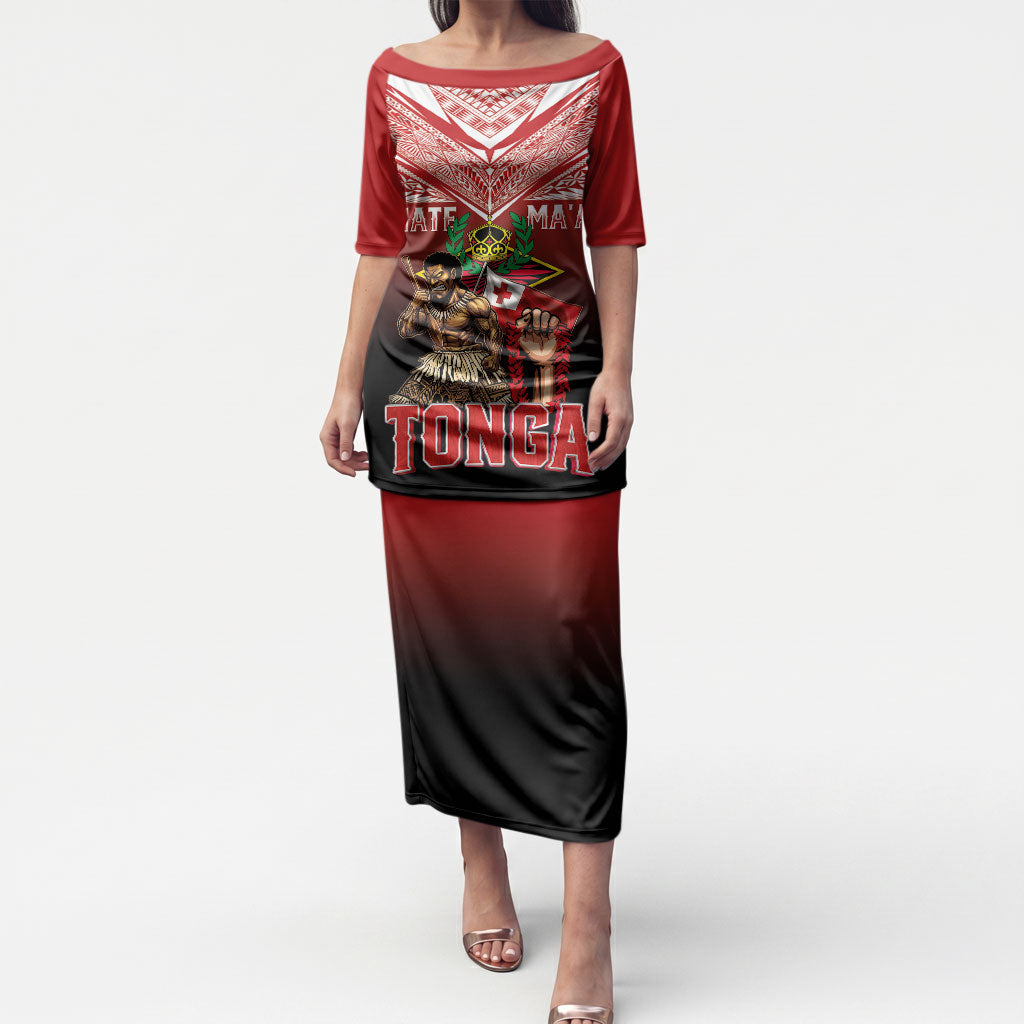 Mate Ma'a Tonga Puletasi Traditional Warrior and Ngatu Art Pattern LT03 Long Dress Red - Polynesian Pride