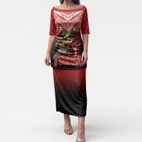 Mate Ma'a Tonga Puletasi Traditional Warrior and Ngatu Art Pattern LT03 Long Dress Red - Polynesian Pride