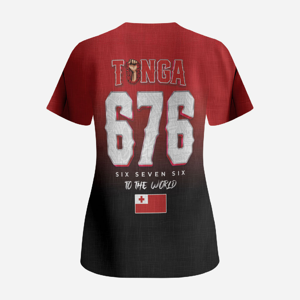 Mate Ma'a Tonga Scrub Top Traditional Warrior and Ngatu Art Pattern LT03 - Polynesian Pride