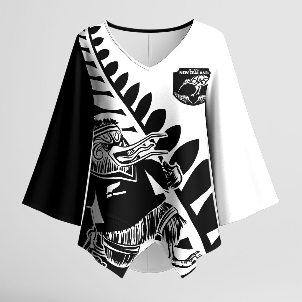 Custom Aotearoa Rugby League Kimono Sleeve Blouse Kiwi Haka and Fern - Sporty Style LT03 Female Black - Polynesian Pride